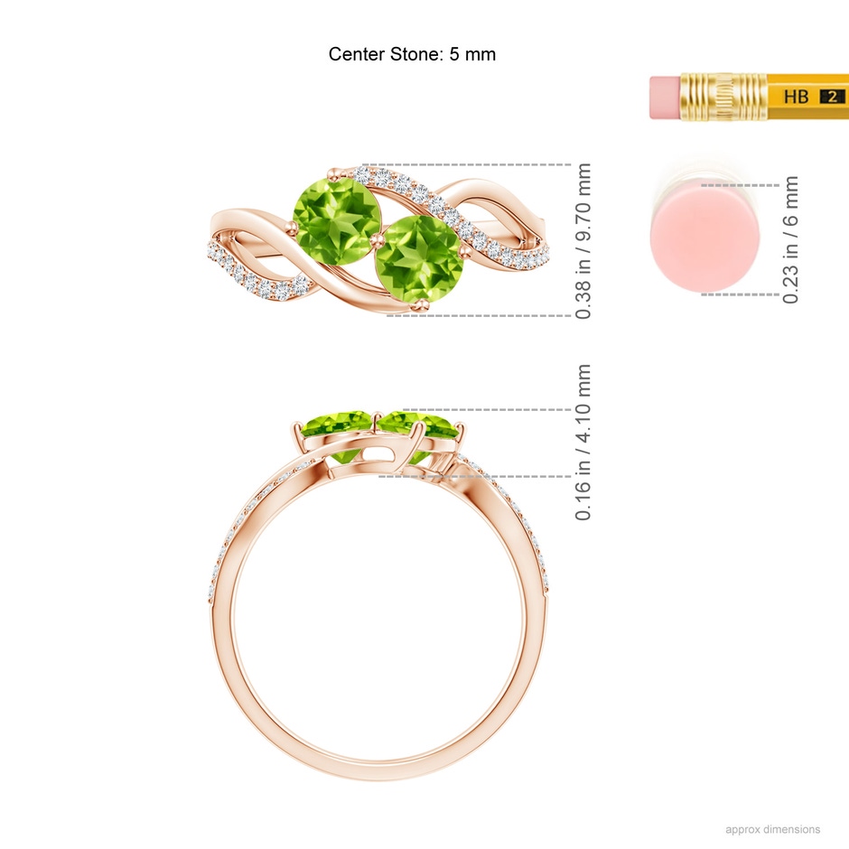 5mm AAA Round Peridot Two Stone Bypass Ring with Diamonds in Rose Gold ruler