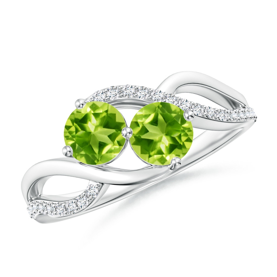 5mm AAA Round Peridot Two Stone Bypass Ring with Diamonds in White Gold 