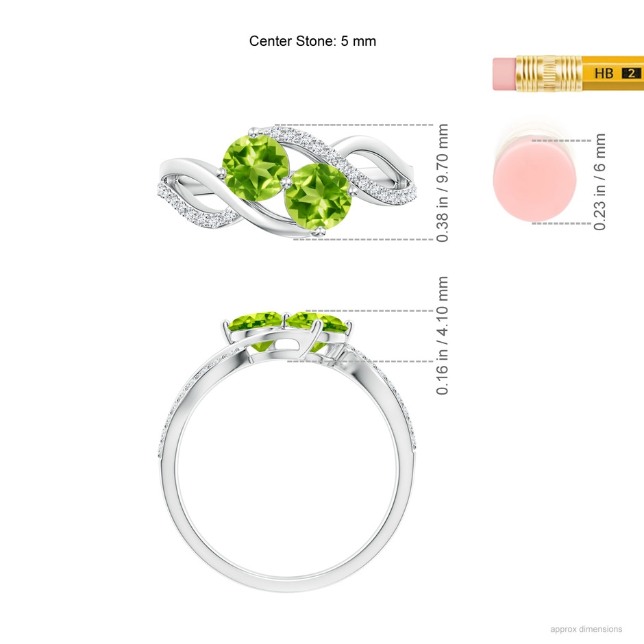 5mm AAA Round Peridot Two Stone Bypass Ring with Diamonds in White Gold ruler