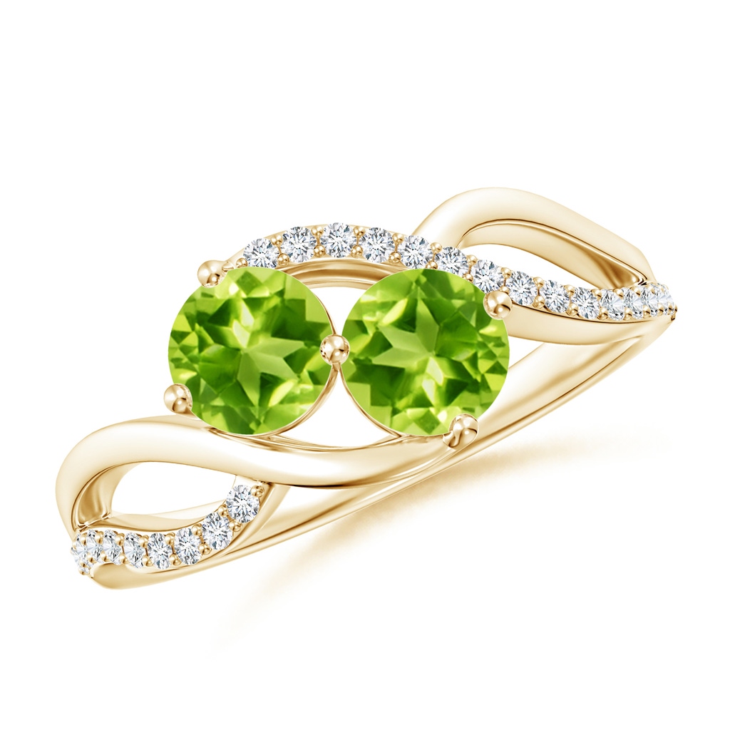 5mm AAA Round Peridot Two Stone Bypass Ring with Diamonds in Yellow Gold