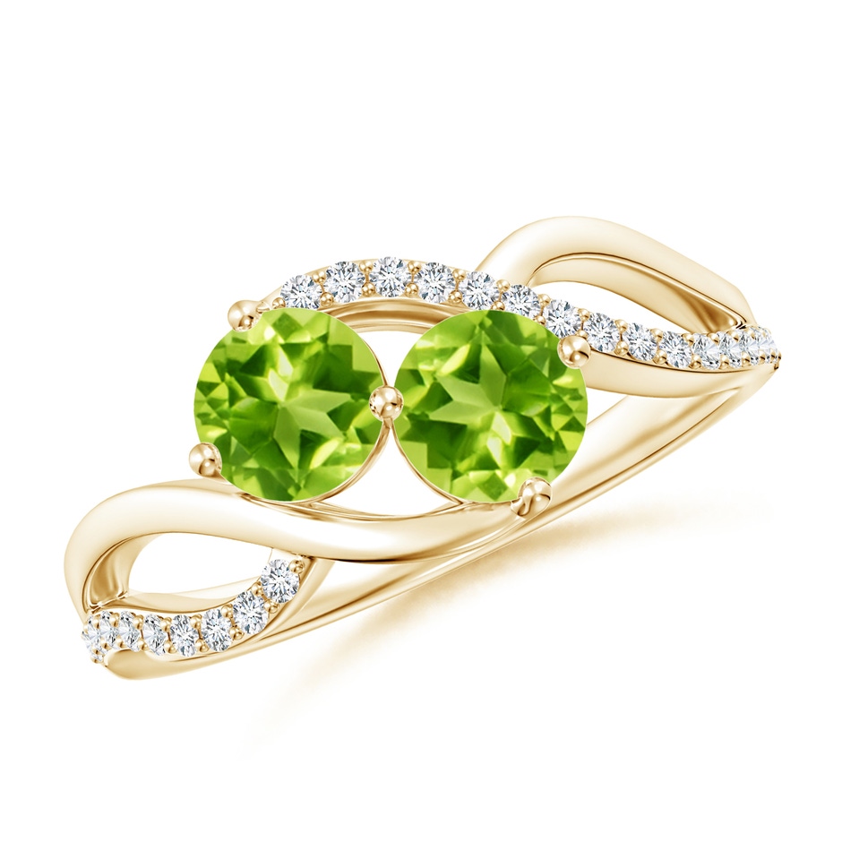 5mm AAA Round Peridot Two Stone Bypass Ring with Diamonds in Yellow Gold 