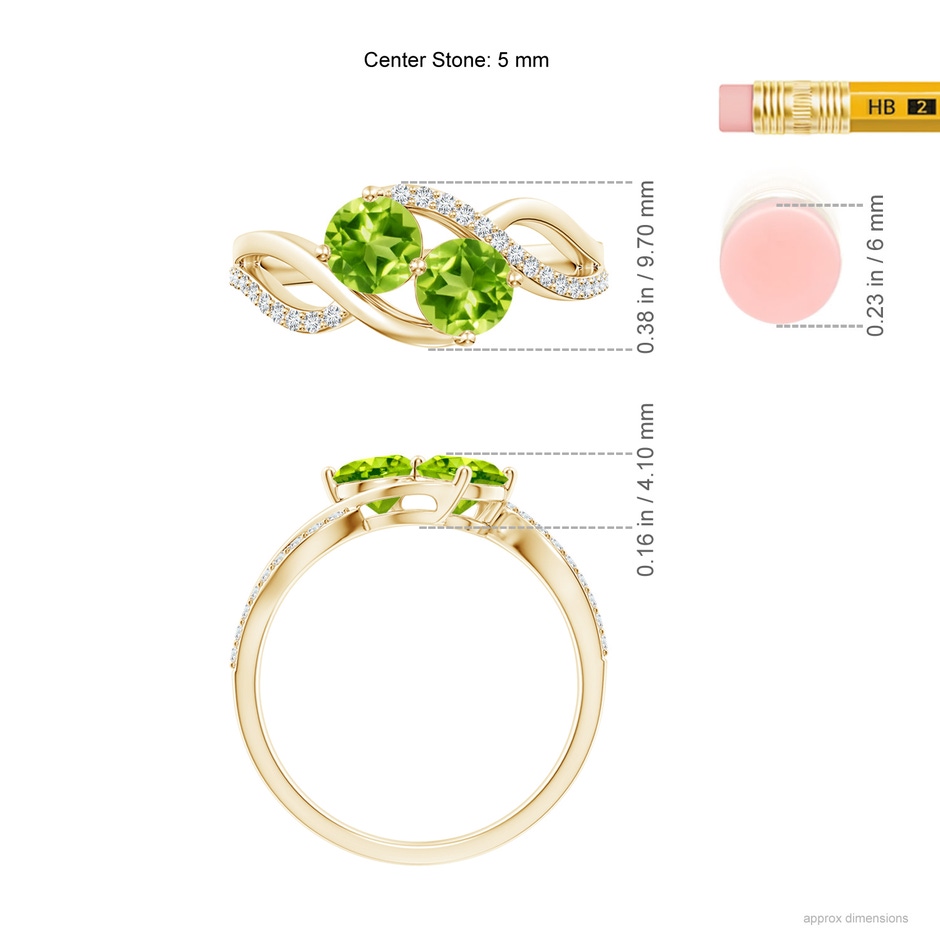 5mm AAA Round Peridot Two Stone Bypass Ring with Diamonds in Yellow Gold ruler