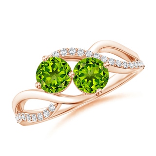 5mm AAAA Round Peridot Two Stone Bypass Ring with Diamonds in 9K Rose Gold