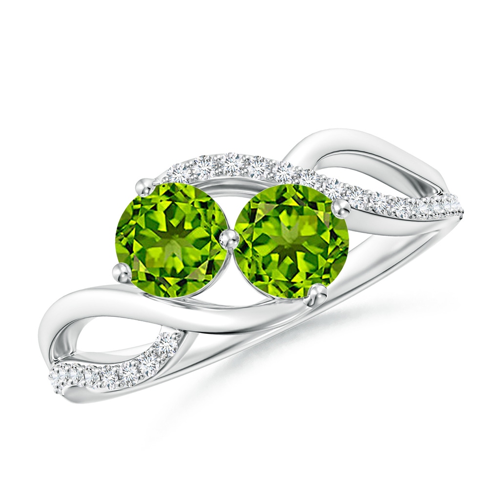 5mm AAAA Round Peridot Two Stone Bypass Ring with Diamonds in S999 Silver