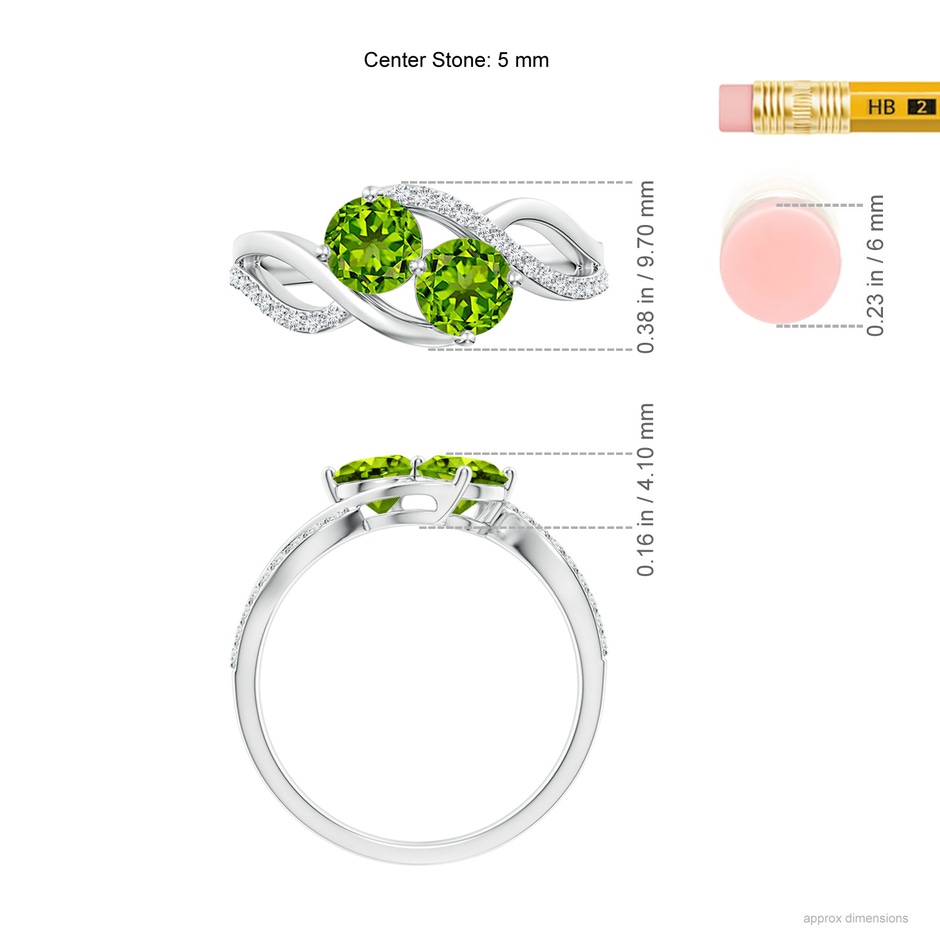 5mm AAAA Round Peridot Two Stone Bypass Ring with Diamonds in S999 Silver ruler