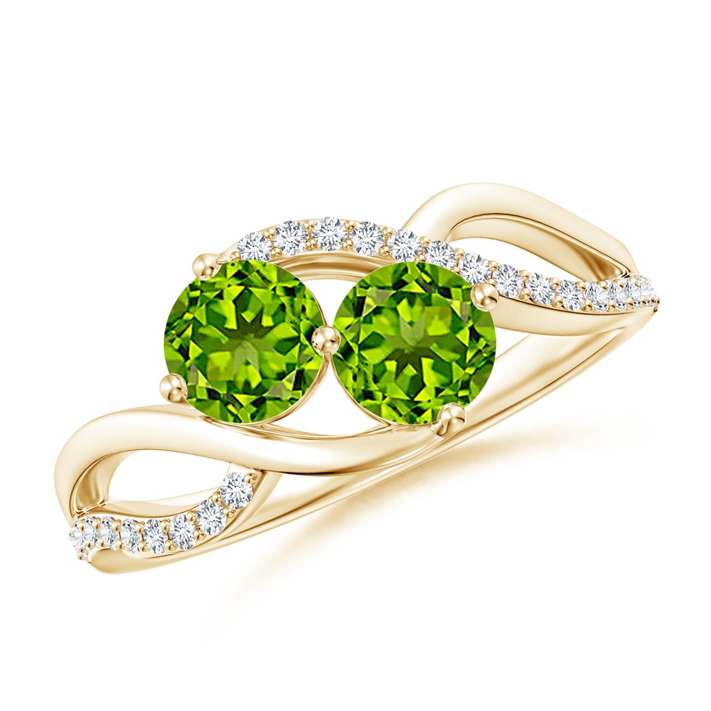 5mm AAAA Round Peridot Two Stone Bypass Ring with Diamonds in Yellow Gold