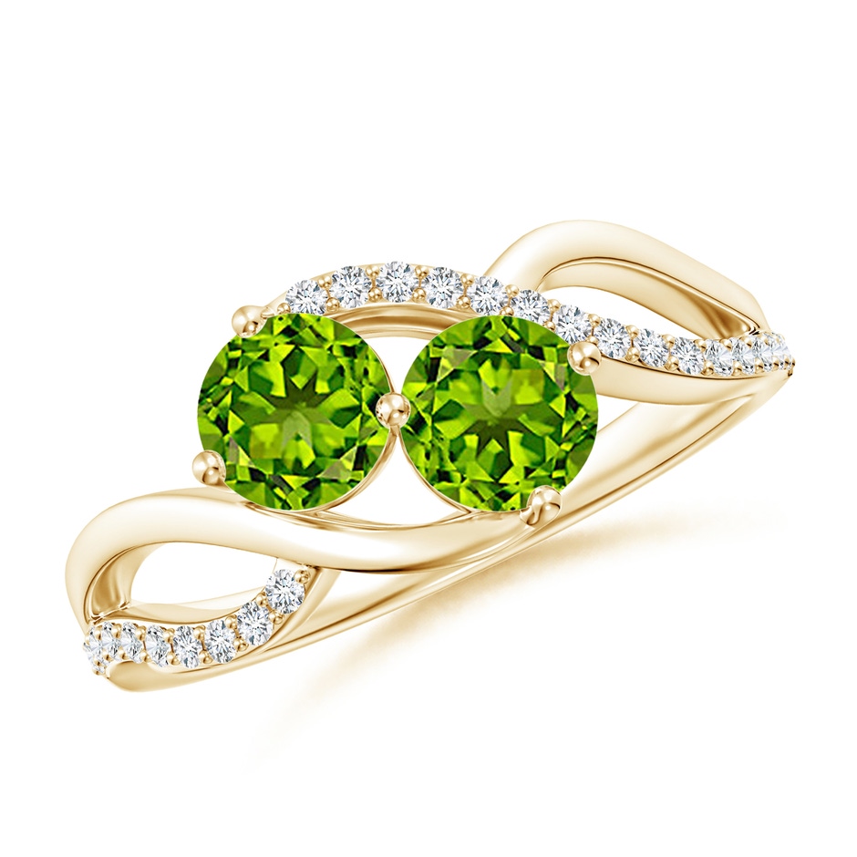 5mm AAAA Round Peridot Two Stone Bypass Ring with Diamonds in Yellow Gold 