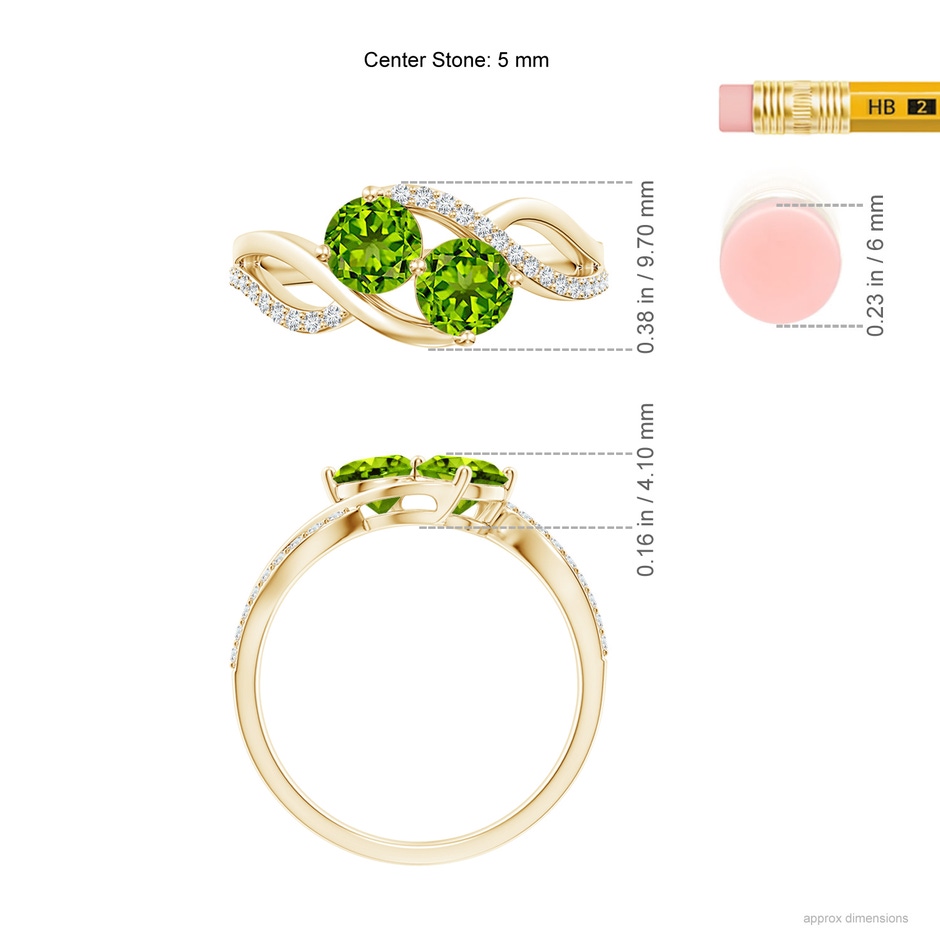 5mm AAAA Round Peridot Two Stone Bypass Ring with Diamonds in Yellow Gold ruler