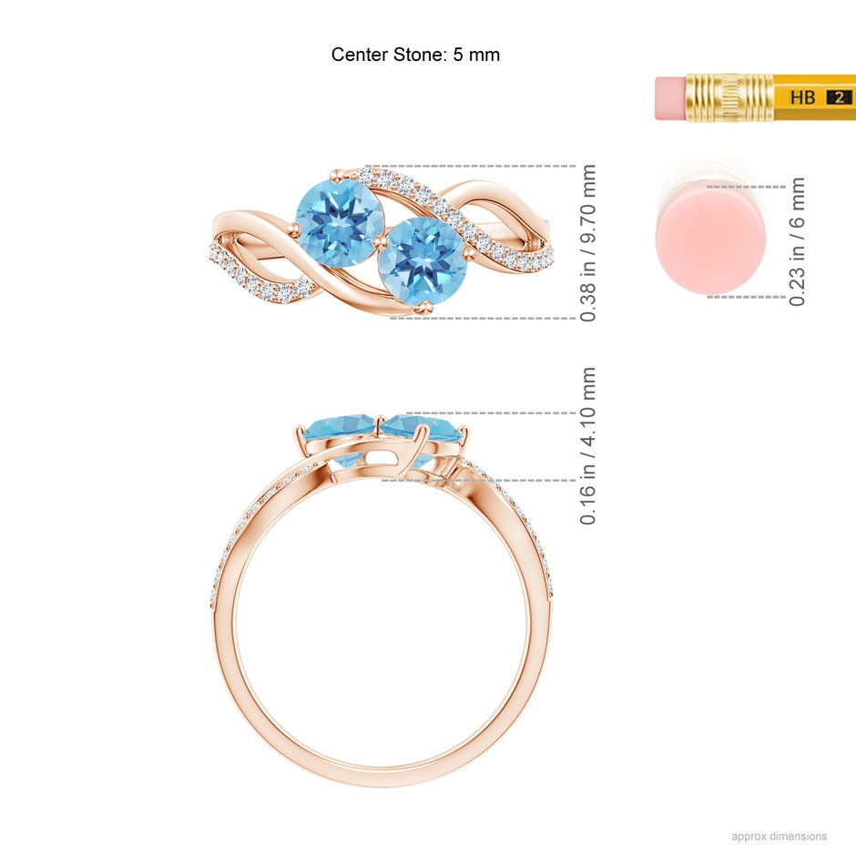 5mm A Round Swiss Blue Topaz Two Stone Bypass Ring with Diamonds in Rose Gold ruler