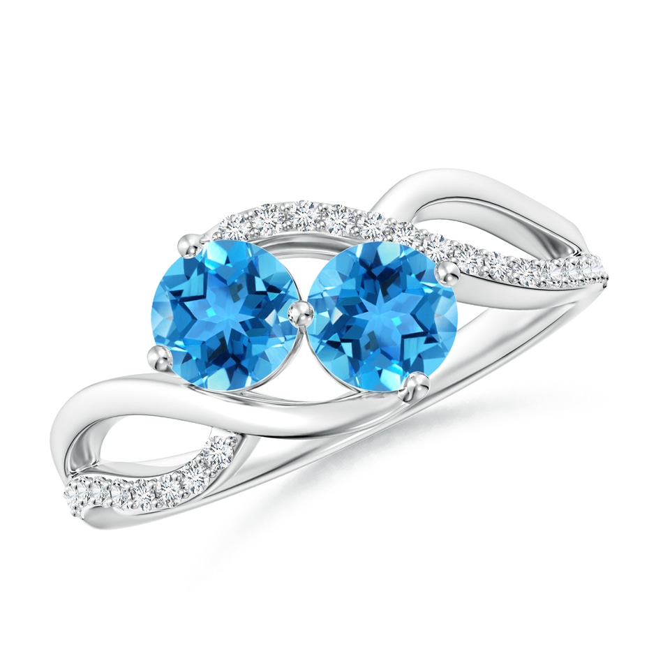 5mm AAA Round Swiss Blue Topaz Two Stone Bypass Ring with Diamonds in S999 Silver 