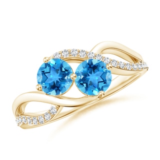 5mm AAA Round Swiss Blue Topaz Two Stone Bypass Ring with Diamonds in Yellow Gold