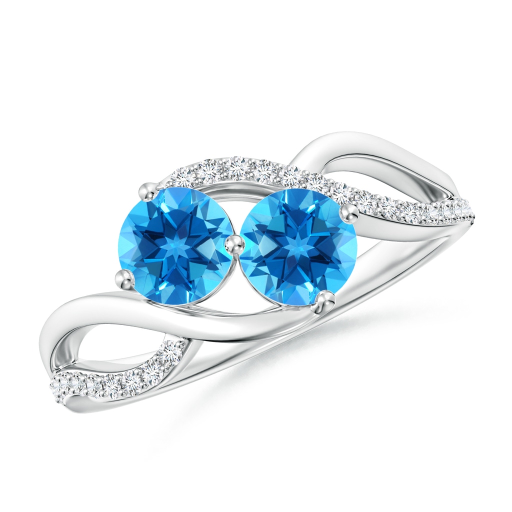 5mm AAAA Round Swiss Blue Topaz Two Stone Bypass Ring with Diamonds in S999 Silver
