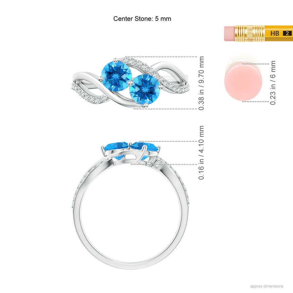 5mm AAAA Round Swiss Blue Topaz Two Stone Bypass Ring with Diamonds in S999 Silver ruler