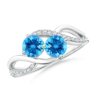 5mm AAAA Round Swiss Blue Topaz Two Stone Bypass Ring with Diamonds in White Gold