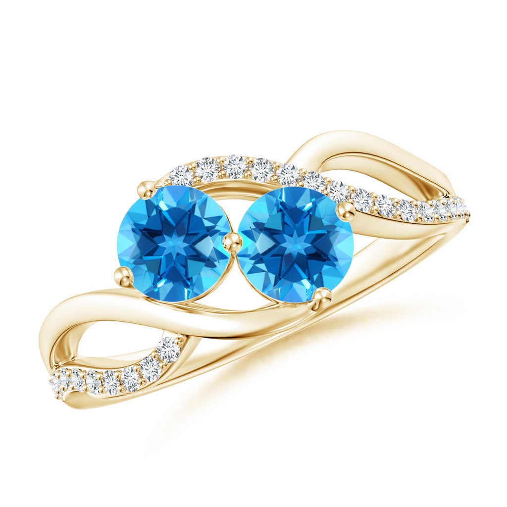 5mm AAAA Round Swiss Blue Topaz Two Stone Bypass Ring with Diamonds in Yellow Gold