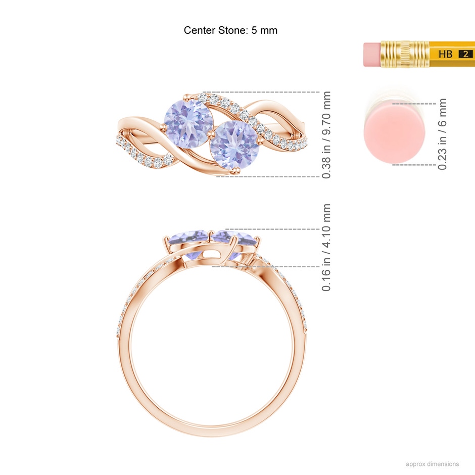 5mm A Round Tanzanite Two Stone Bypass Ring with Diamonds in Rose Gold ruler