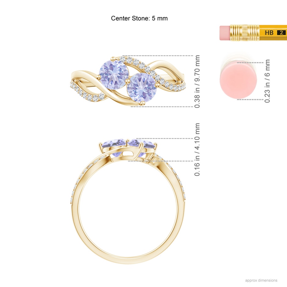 5mm A Round Tanzanite Two Stone Bypass Ring with Diamonds in Yellow Gold ruler
