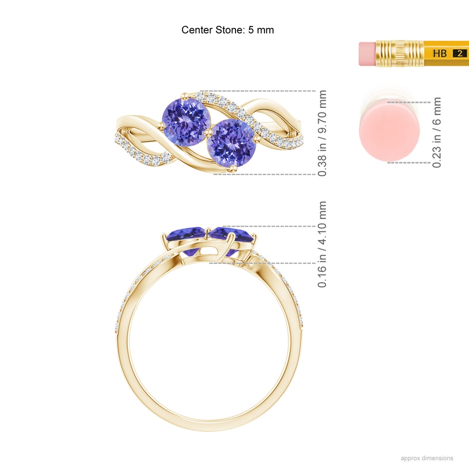 5mm AAA Round Tanzanite Two Stone Bypass Ring with Diamonds in 10K Yellow Gold ruler