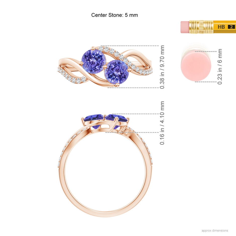 5mm AAA Round Tanzanite Two Stone Bypass Ring with Diamonds in Rose Gold ruler