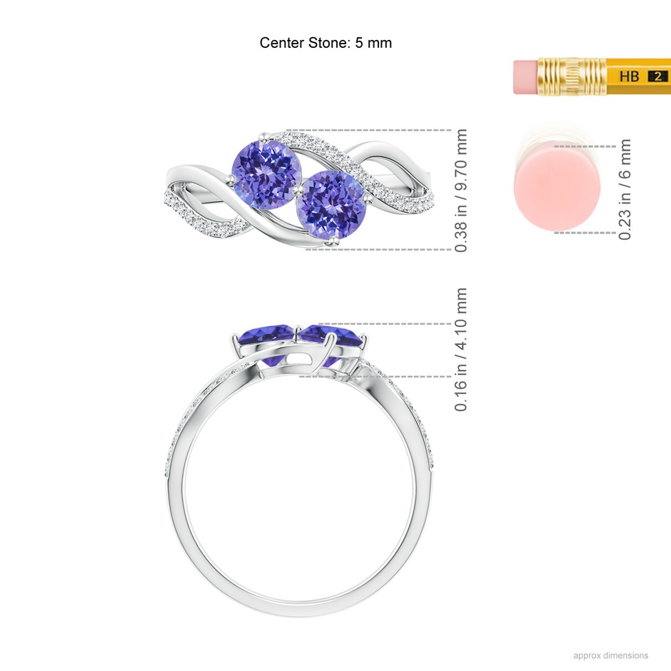 5mm AAA Round Tanzanite Two Stone Bypass Ring with Diamonds in White Gold ruler