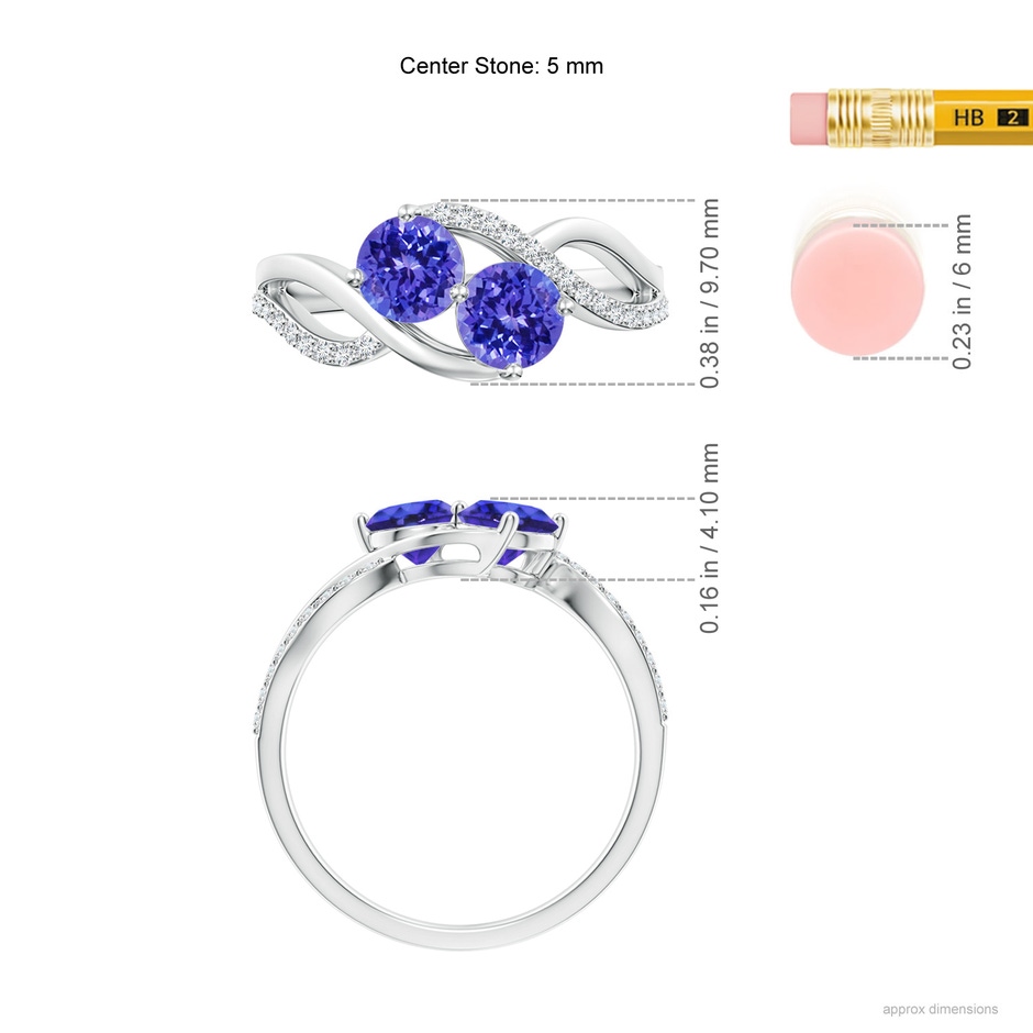5mm AAAA Round Tanzanite Two Stone Bypass Ring with Diamonds in S999 Silver ruler