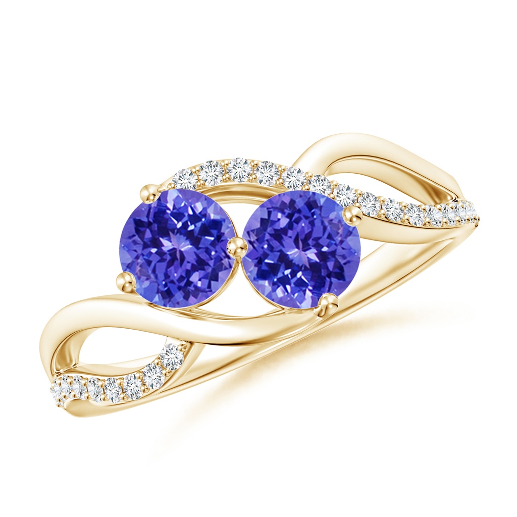 5mm AAAA Round Tanzanite Two Stone Bypass Ring with Diamonds in Yellow Gold