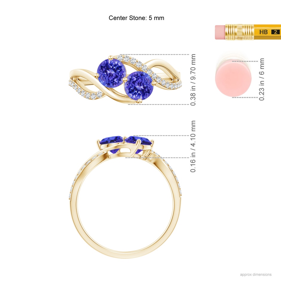 5mm AAAA Round Tanzanite Two Stone Bypass Ring with Diamonds in Yellow Gold ruler