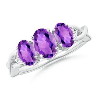 7x5mm AAA Oval Amethyst Three Stone Criss-Cross Ring in White Gold