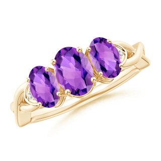 7x5mm AAA Oval Amethyst Three Stone Criss-Cross Ring in Yellow Gold