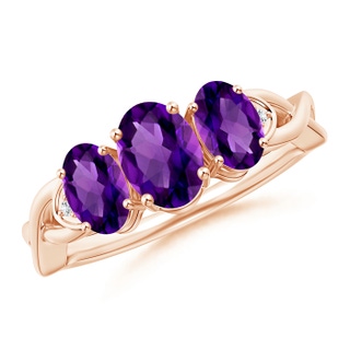 7x5mm AAAA Oval Amethyst Three Stone Criss-Cross Ring in Rose Gold