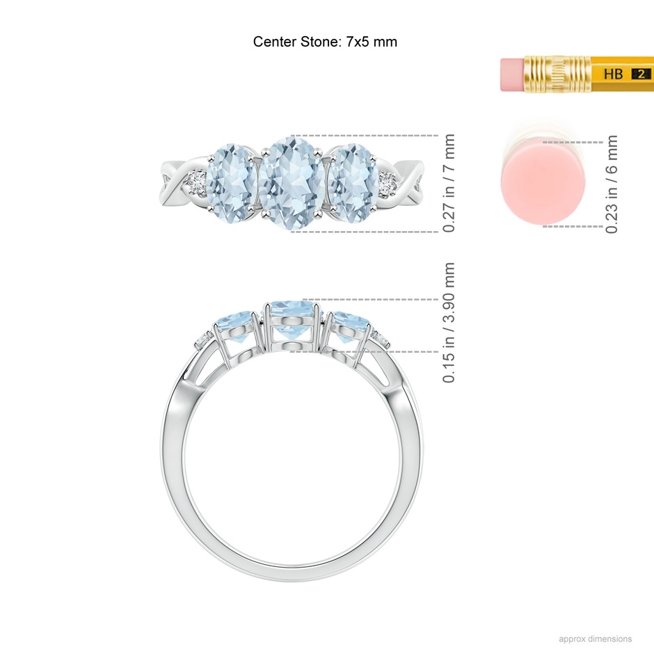7x5mm A Oval Aquamarine Three Stone Criss-Cross Ring in White Gold ruler