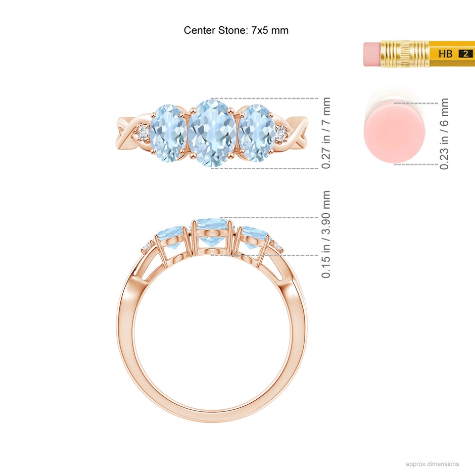 7x5mm AA Oval Aquamarine Three Stone Criss-Cross Ring in Rose Gold ruler