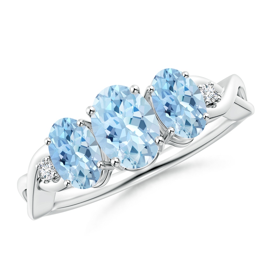 7x5mm AAA Oval Aquamarine Three Stone Criss-Cross Ring in 9K White Gold 