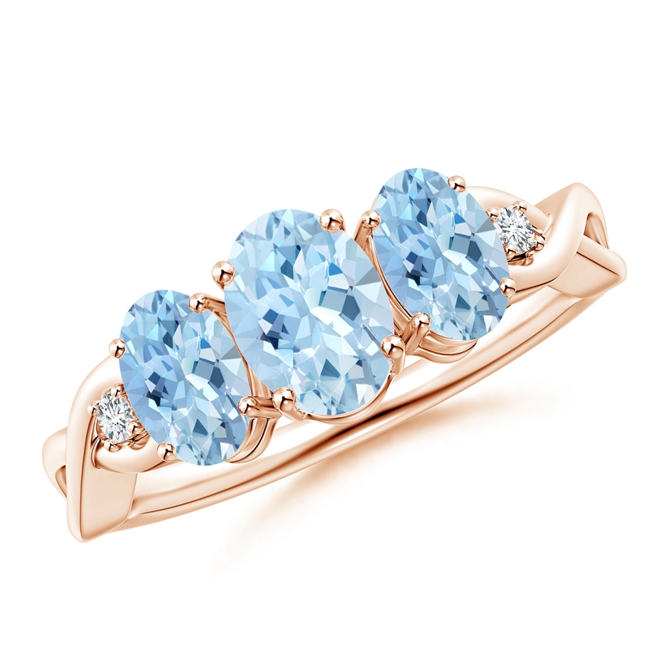 7x5mm AAA Oval Aquamarine Three Stone Criss-Cross Ring in Rose Gold 