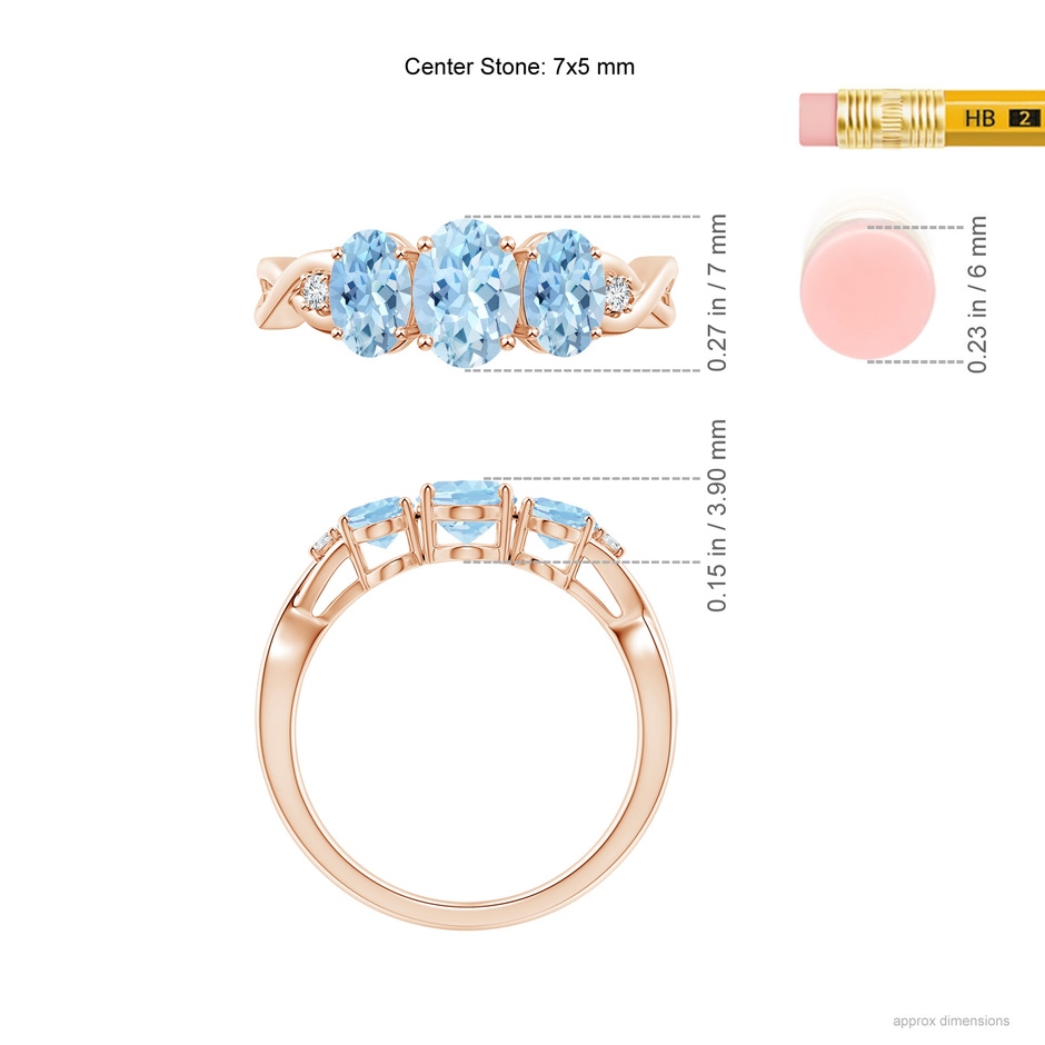 7x5mm AAA Oval Aquamarine Three Stone Criss-Cross Ring in Rose Gold ruler