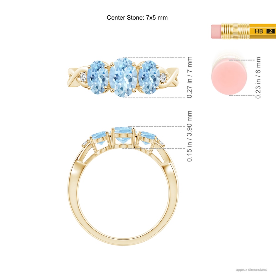 7x5mm AAA Oval Aquamarine Three Stone Criss-Cross Ring in Yellow Gold ruler