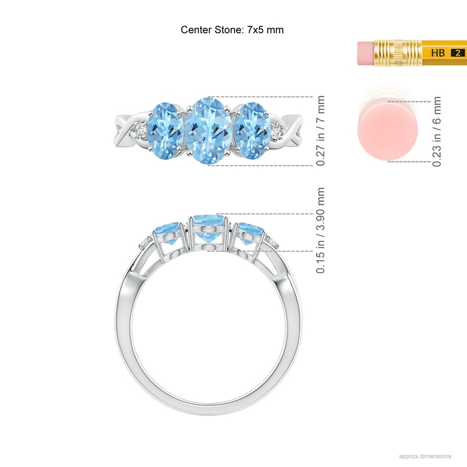 7x5mm AAAA Oval Aquamarine Three Stone Criss-Cross Ring in White Gold ruler