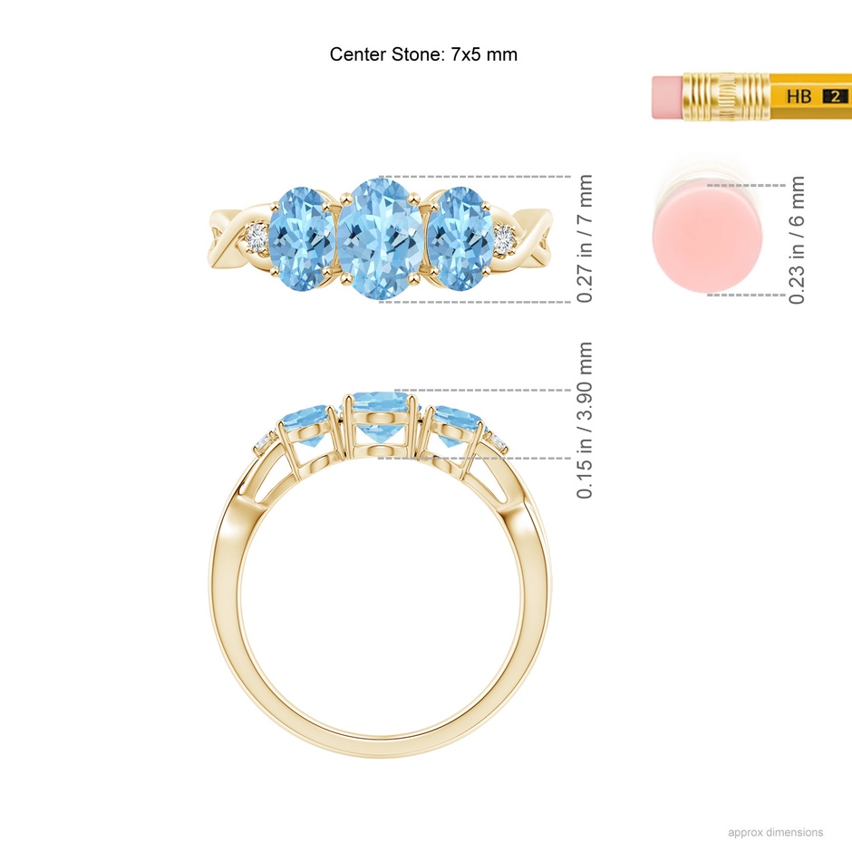 7x5mm AAAA Oval Aquamarine Three Stone Criss-Cross Ring in Yellow Gold ruler