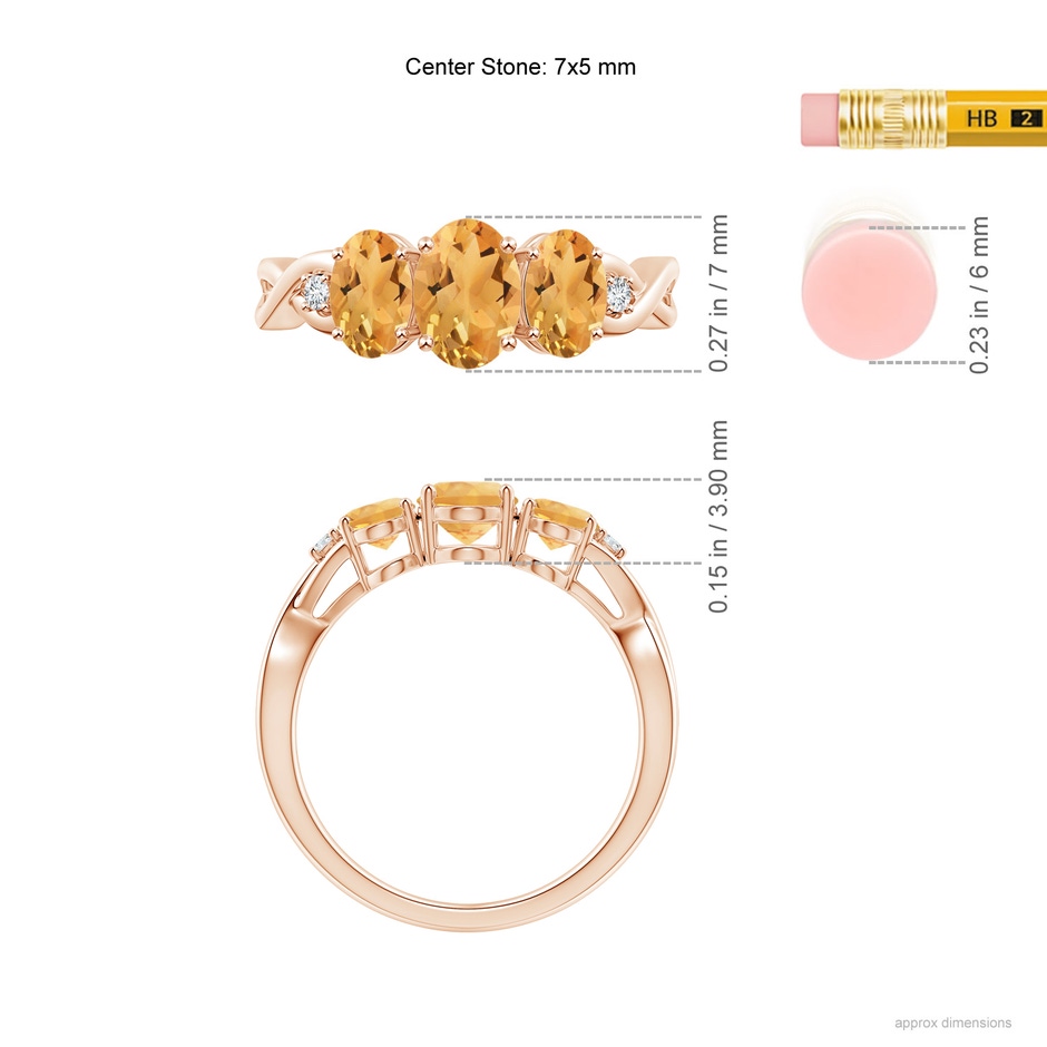 7x5mm A Oval Citrine Three Stone Criss-Cross Ring in Rose Gold ruler