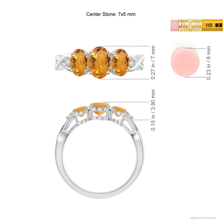 7x5mm AA Oval Citrine Three Stone Criss-Cross Ring in White Gold ruler
