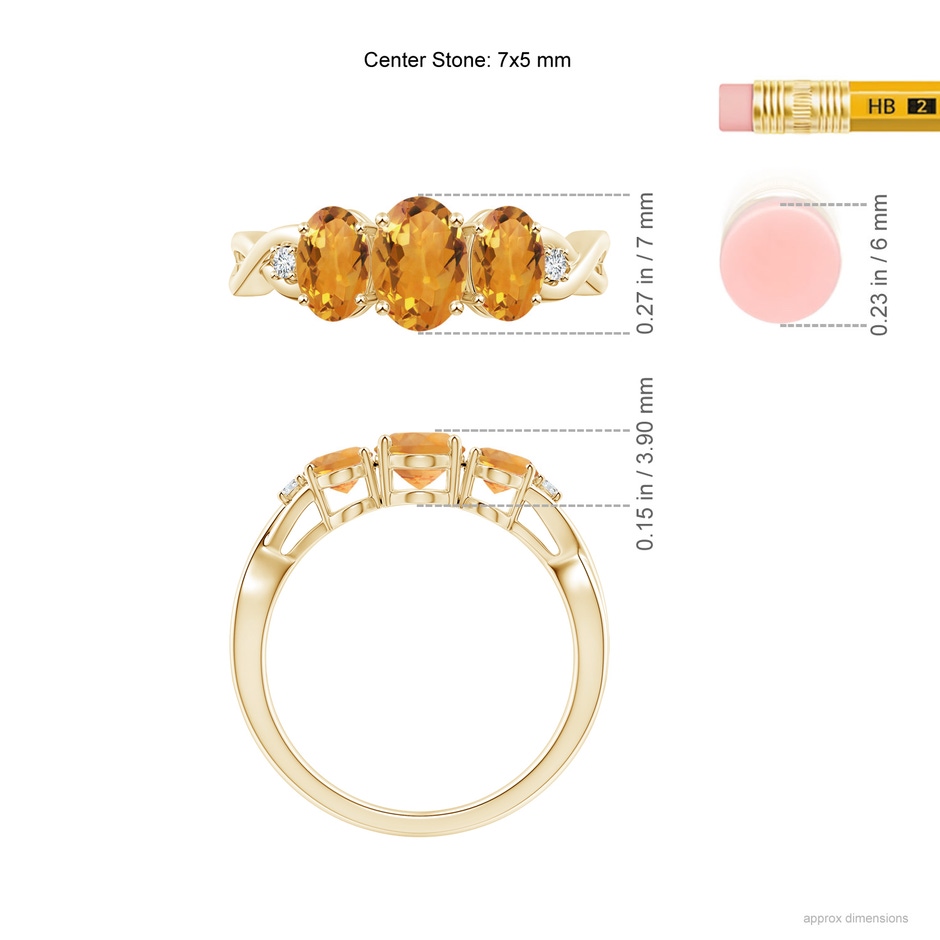 7x5mm AA Oval Citrine Three Stone Criss-Cross Ring in Yellow Gold ruler