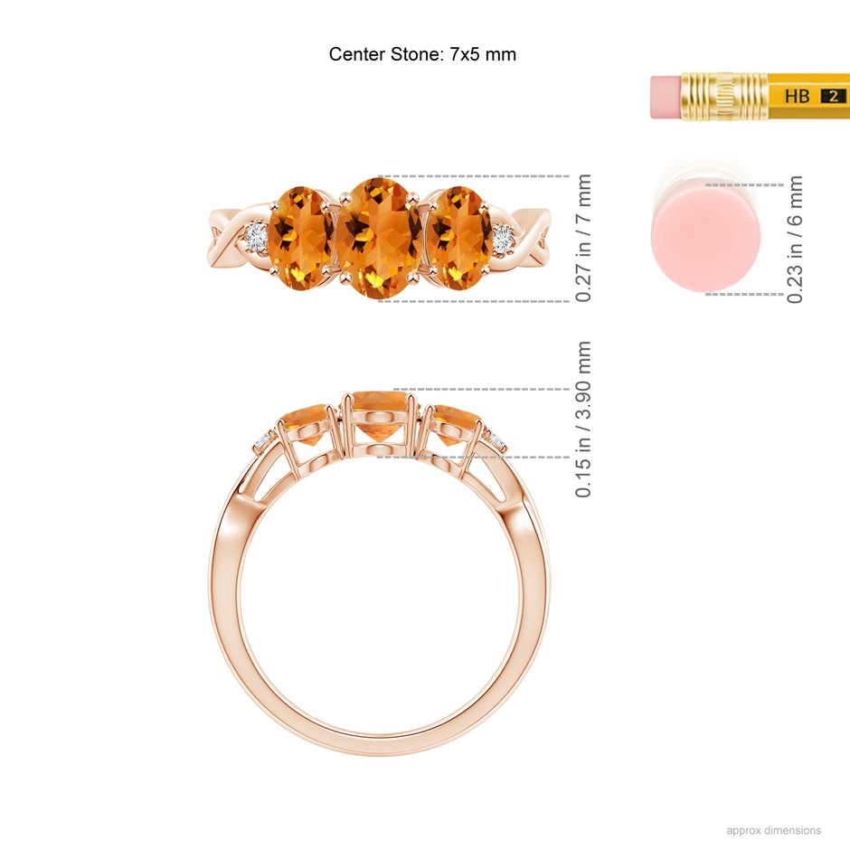 7x5mm AAA Oval Citrine Three Stone Criss-Cross Ring in Rose Gold ruler