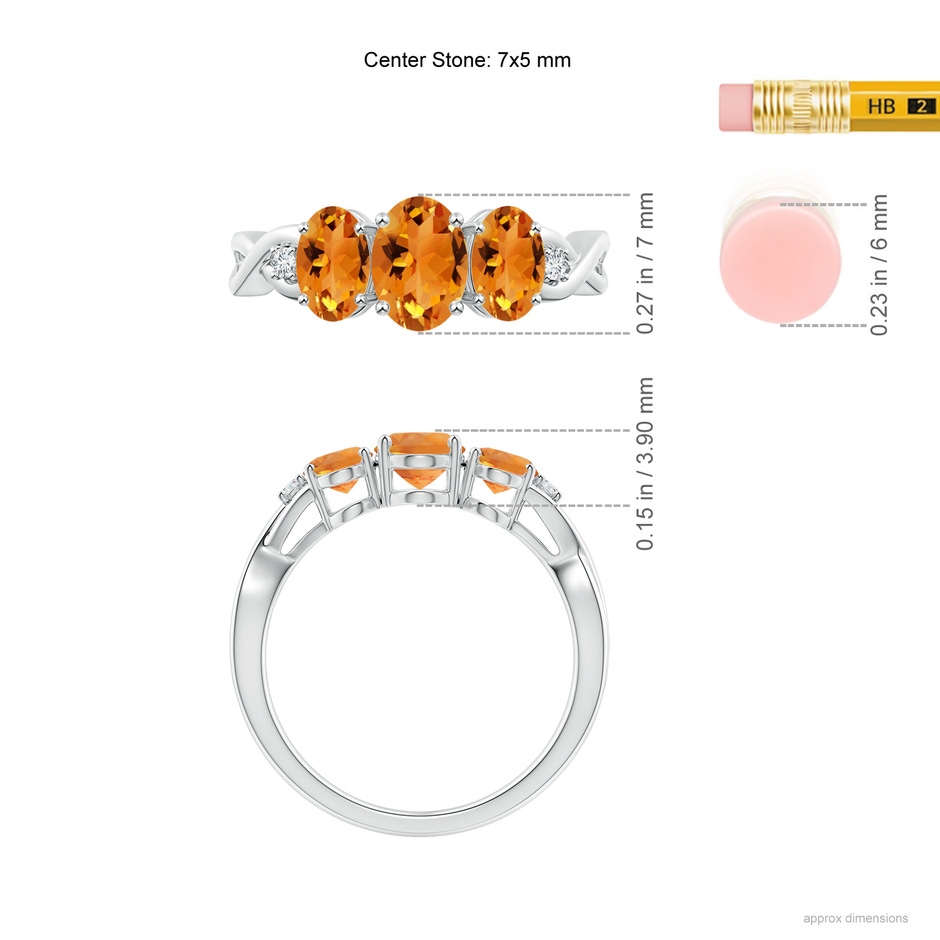 7x5mm AAA Oval Citrine Three Stone Criss-Cross Ring in White Gold ruler