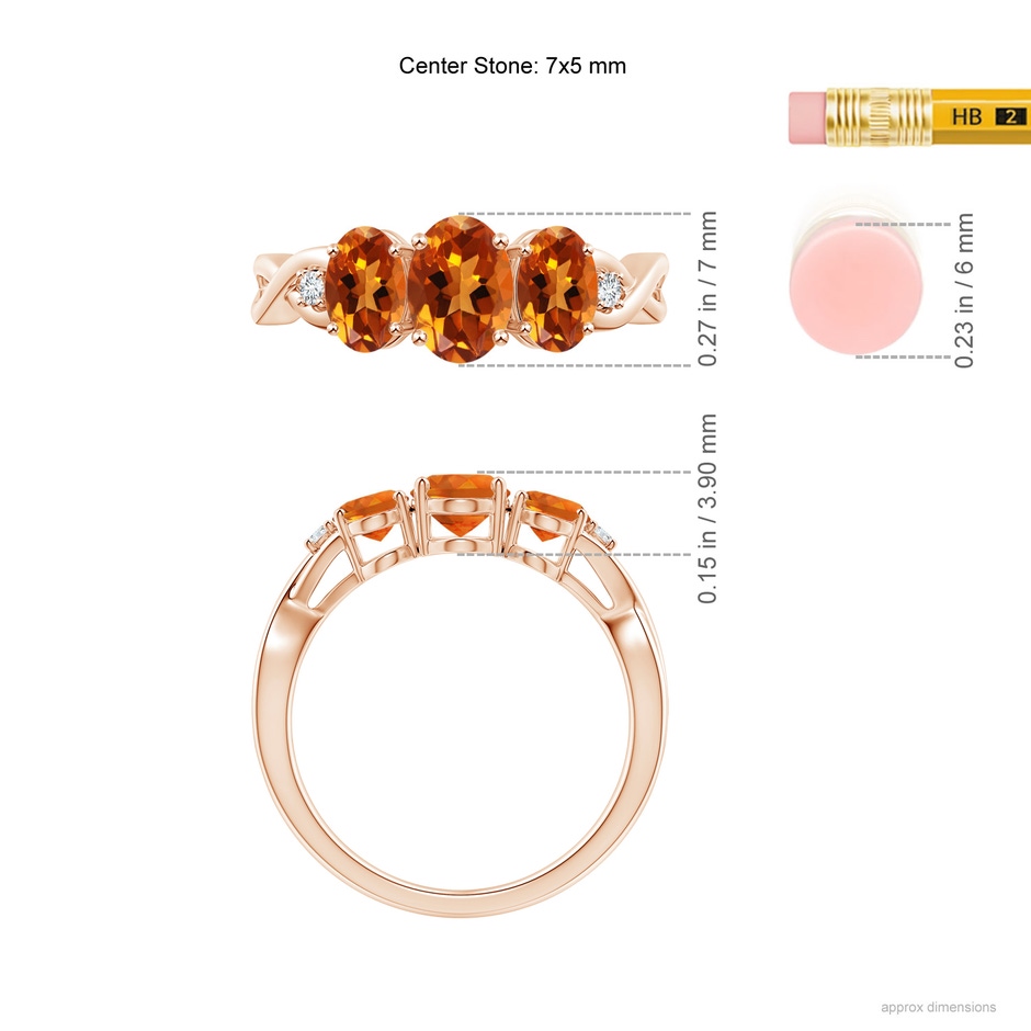 7x5mm AAAA Oval Citrine Three Stone Criss-Cross Ring in Rose Gold ruler