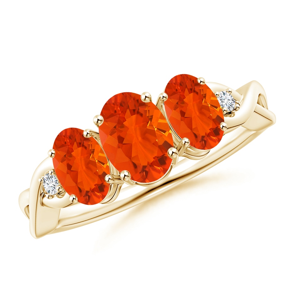 7x5mm AAA Oval Fire Opal Three Stone Criss-Cross Ring in Yellow Gold 