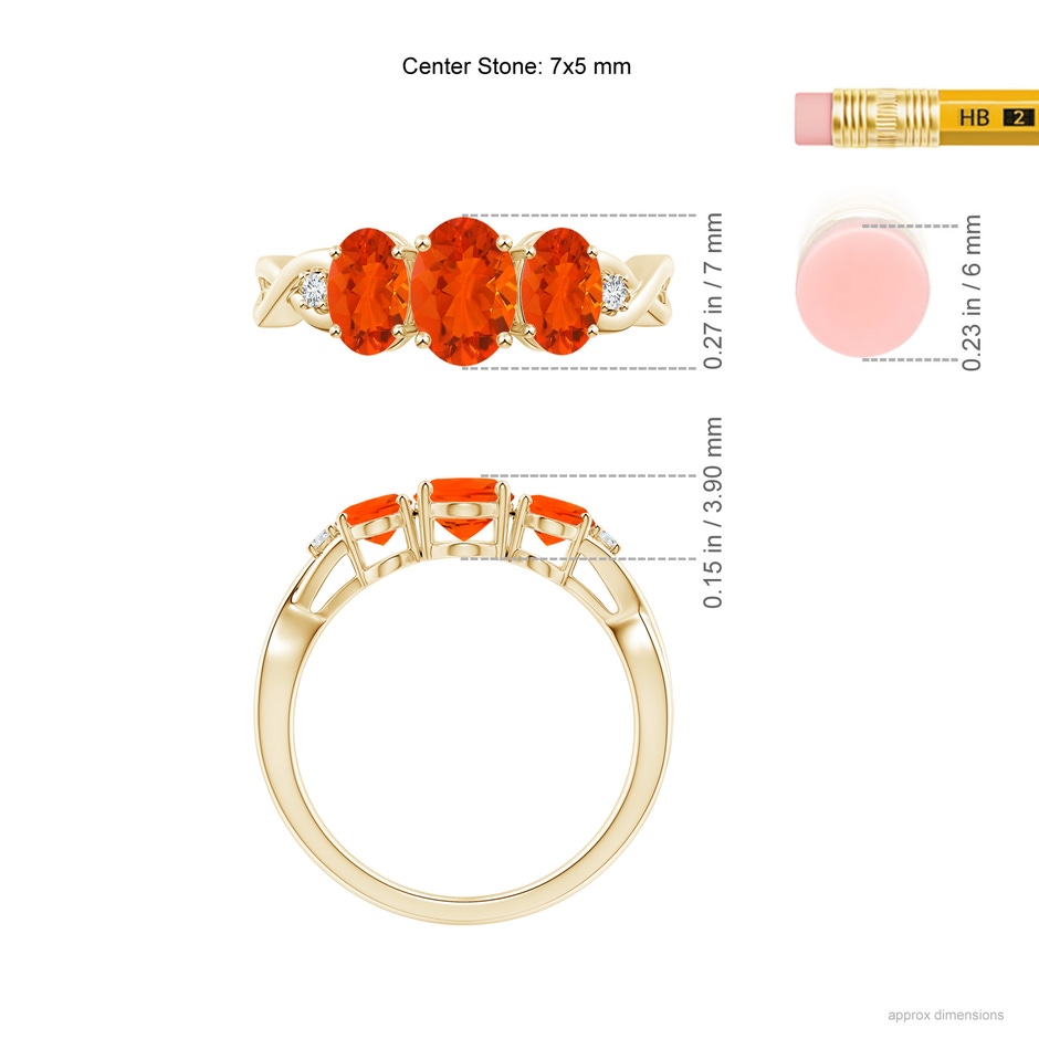 7x5mm AAA Oval Fire Opal Three Stone Criss-Cross Ring in Yellow Gold ruler