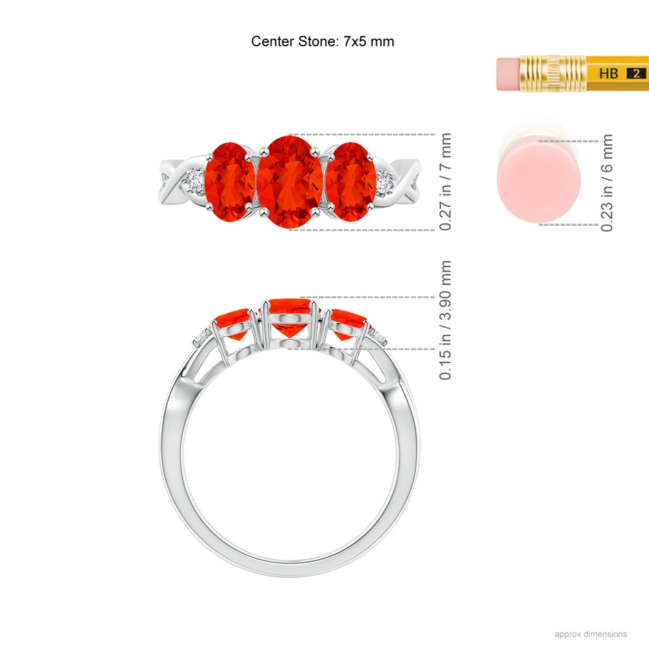 7x5mm AAAA Oval Fire Opal Three Stone Criss-Cross Ring in P950 Platinum ruler