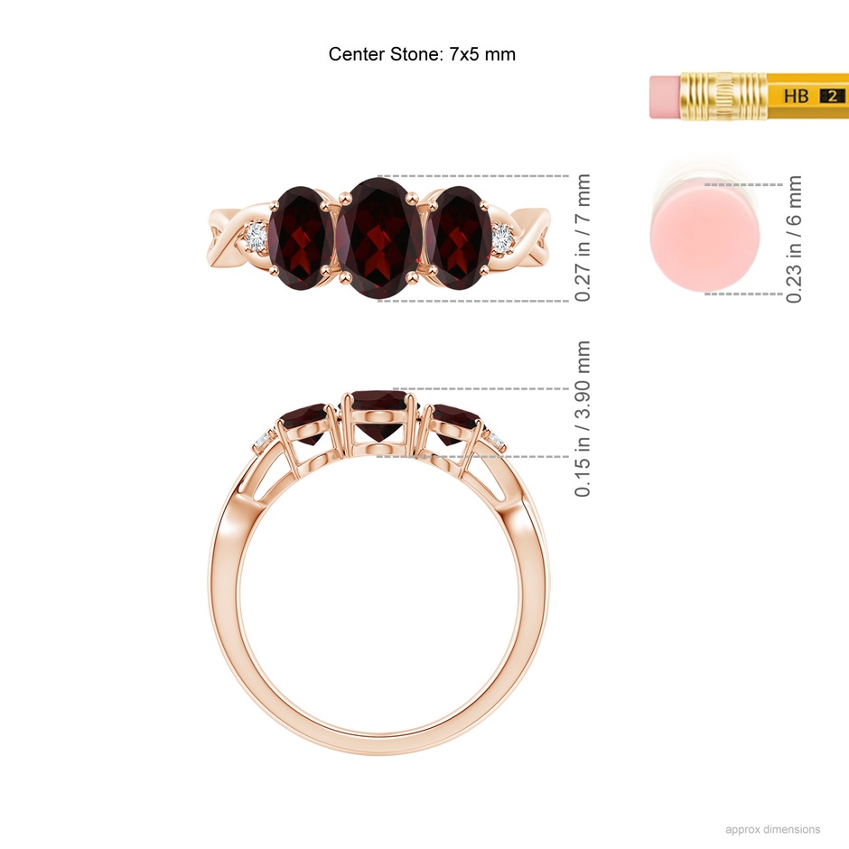 7x5mm A Oval Garnet Three Stone Criss-Cross Ring in Rose Gold ruler