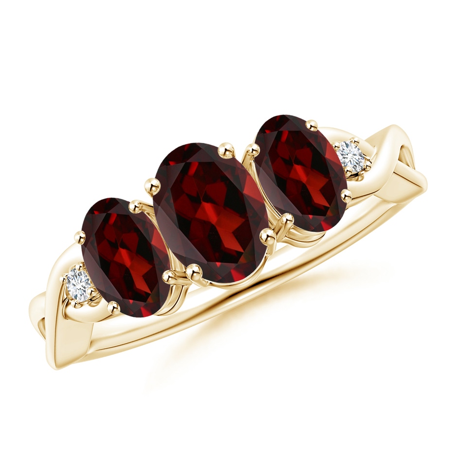 7x5mm AAA Oval Garnet Three Stone Criss-Cross Ring in 10K Yellow Gold 