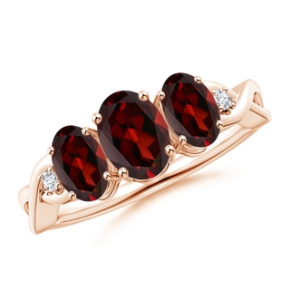 7x5mm AAA Oval Garnet Three Stone Criss-Cross Ring in Rose Gold